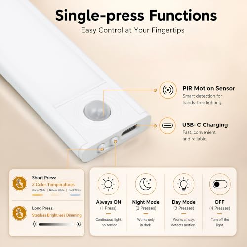 Image of Niwlix 30cm Motion Sensor Under Cabinet LED Light, Rechargeable Ultra-Thin Kitchen Lights Under Cabinet, 3 Colors & Dimmable, 4 Modes, USB-C Wireless, Pantry, Wardrobe, Closet