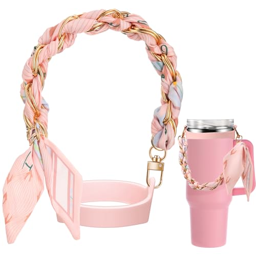 Silicone Water Bottle Handle Holder with Strap Compatible with Stanley Cup Accessories Charm Cool Sling Water Bottle Carrier Holde Fits Most 8-40 oz Tumbler Graduation Gift for Woman(Striped Pink)