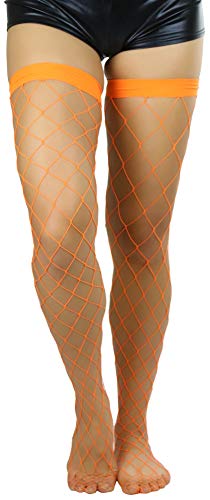 ToBeInStyle Damen-Fischnetz-Strümpfe, groß, elastisch, Nylon, hohe Strümpfe, Großes Netz – Neonorange, Einheitsgr��e
