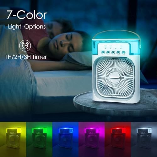 Image of Normalee Mini Portable Air Cooler with Water Spray | USB Powered, 3 Speed Desk Cooling Fan, 7 Color LED Light, For Home, Office, Bedroom & Travel