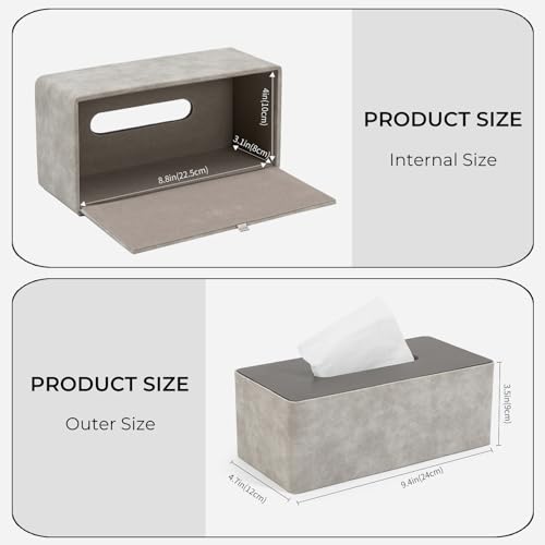 LARENNT PU-Leder Taschentuchbox, 24×12×9cm quadratische Kosmetiktücher Box, Taschentücher Box Spender TissueBox Tücherbox für Zuhause, Bad, Wohnzimmer, Schlafzimmer, Auto, Büro (Grau & Holzmaserung)