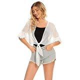 JASGOOD Women Chiffon Shrug Half Sleeve Tie Front Cropped Sheer Bolero Shrug Open Front Cardigan B-W