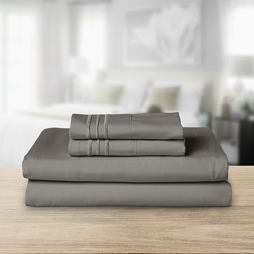Image of Elegant Comfort Luxurious 1500 Premium Hotel Quality Microfiber Three Line Embroidered Softest 4-Piece Bed Sheet Set, Wrinkle and Fade Resistant, King, Gray