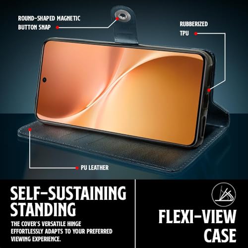 Image of WOW IMAGINE Shock Proof Flip Cover Back Case for Vivo V60 5G | V60e 5G | Vivo T4 Pro 5G (Designer Magnetic Button Flip Case | Inbuilt Wallet Pockets & Stand | Leather Finish | Oxford Blue)