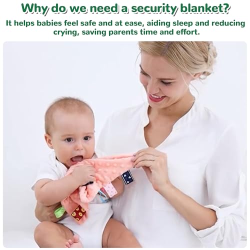 Image of Baby Tags Security Blankets - Baby Soothing Plush Blanket with Colorful Tags, 10 inchx10 inch Square Sensory Toys, Lovey for 3 Months+ Babies Boys and Girls (Green)
