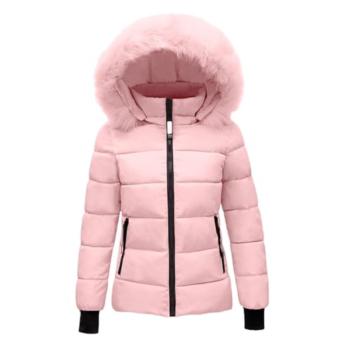 FlutVolt Chaqueta acolchada para mujer de invierno, ligera, con capucha de piel, chaqueta acolchada corta, acolchada, gruesa, cálida, con capucha, talla grande, Rosa., M