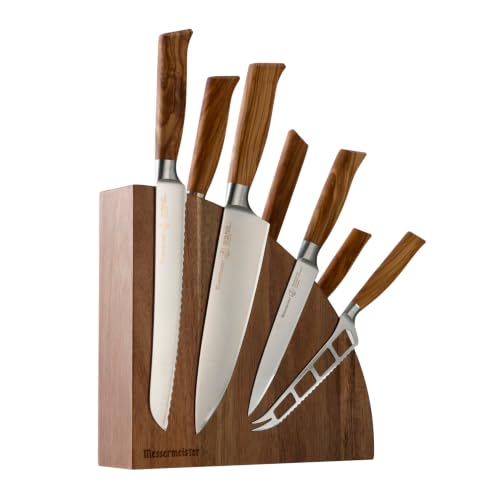 Messermeister Oliva Elite 8-Piece Magnet Block Set - Includes Chef’s, Bread, Carving, Fork, Cheese & Tomato, Utility & Paring Knife + Magnet Block