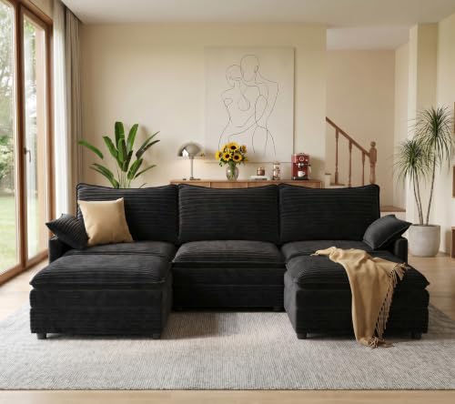 Image of Vesgantti 108 inch U Shaped Sectional Couch, Comfy Cloud Modular Sectional Sofa with 2 Ottoman Deep Seat Corduroy Modern Cloud Sofa, Modular Sofas for Living Room, Bedroom and Apartment, Black