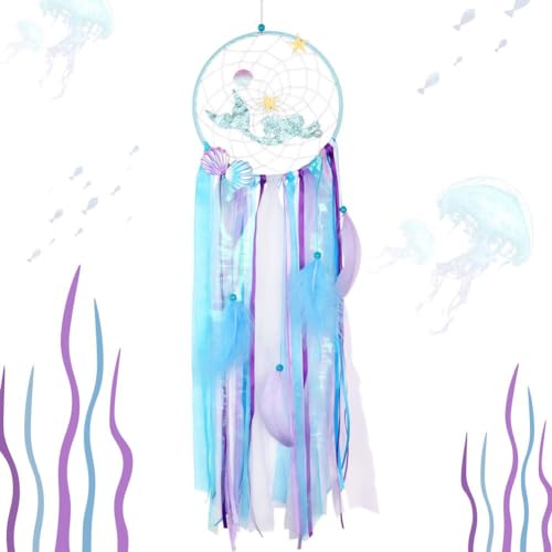 Image of OurWarm Mermaid Dream Catcher for Girls Room Wall Decor, Big Handmade Blue Dreamcatcher with Colorful Feathers for Kids Bedroom Hanging Decor, Under The Sea Mermaid Birthday Baby Shower Party Supplies