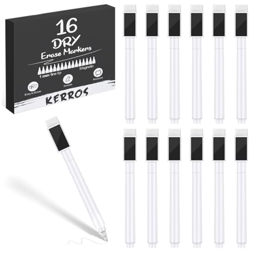 Kerros White Dry Erase Markers Magnetic Dry White Chalk Markers Pens Fine Point Tip 16 Pack - Small Blackboard Markers with Cap for School Office Family