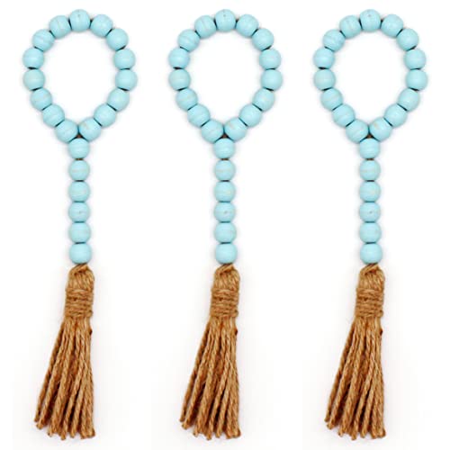 CVHOMEDECO Wood Bead Garland with Tassels 3 PCS Farmhouse Rustic Wooden Prayer Beads String Wall Hanging Accent for Home Festival Decoration Teal Distressed