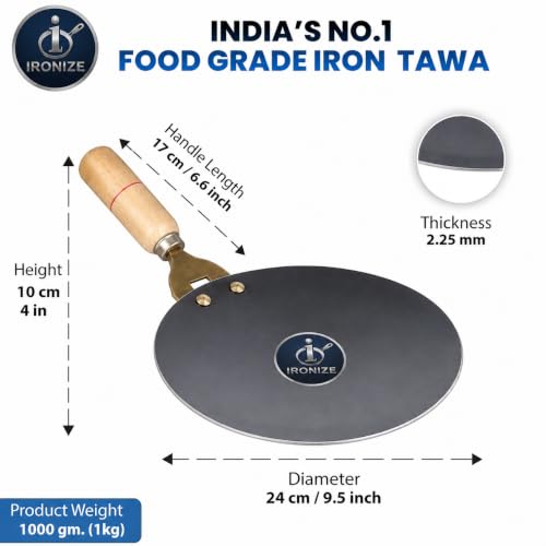 Image of IRONIZE Pure Iron Roti Tawa with Wooden Handle| 1kg | Heavy Duty Chemical-Free Iron Cookware | Even Heat Distribution | Ideal for Roti, Chapati, Paratha, Dosa & Omelette | Available in 1kg to 2kg