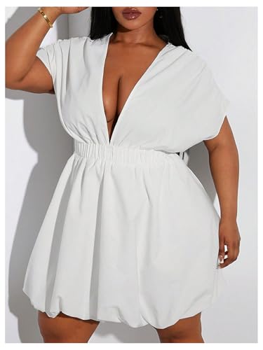 WDIRARA Women's Plus Size Deep V Neck Bubble Dress Short Sleeve A Line Mini Dresses3