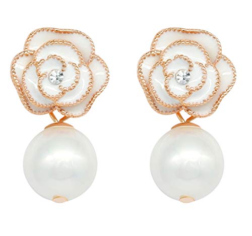 Gold Camellia Flower Pearl Drop Earrings – Elegant Designer-Inspired Dangle Earrings for Women Gift