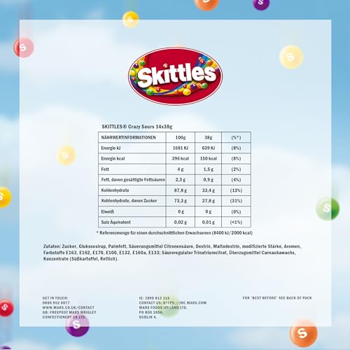 Skittles Crazy Sours, Fruchtbonbons Großpackung 14 x 38, Saure Kaubonbons mit Fruchtgeschmack, Vegane Snacks (532g)