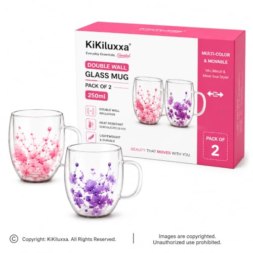 Image of KiKiluxxa 250ml Double Wall Glass Tea Coffee Mug Set of 2 | Glass Cups with Movable Decorative Flowers & Pearl Beads | Insulated Glass Mug for Tea, Coffee, Milk, Gift- Surprise Color Assortment