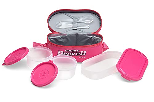 Image of MILTON Softline Double Decker Lunch Box, Set of 3, (450 ml, 280 ml, 280 ml), Pink | Leak Proof | Microwave Safe | Odour Proof | Light Weight | Easy to Carry | Food Grade