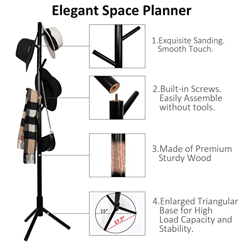 Alotpower Wooden Tree Coat Rack Stand, 3 Adjustable Sizes, 8 Hooks - Super Easy Assembly No Tools Required - Free Standing Solid Coat Hanger Stand For Clothes, Suits, Accessories (Black) #TOP2