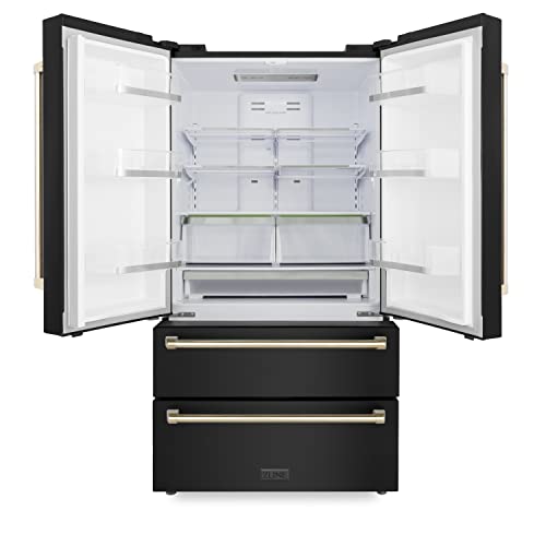 Z Line Kitchen And Bath Zline 36" Autograph Edition 22.5 Cu. Ft Freestanding French Door Refrigerator With Ice Maker In Fingerprint Resistant Black Stainless Steel With Gold Accents (Rfmz-36-Bs-G) #TOP3