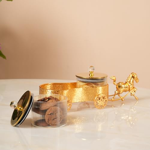 Image of HOME 360 Luxury Gold Horse-Drawn Carriage Spice & Dry Fruit Jar Set | 36X12X10CM | Metallic Chariot with 2 Ribbed Glass Containers | Ideal Housewarming, Diwali, and Anniversary Gift Item