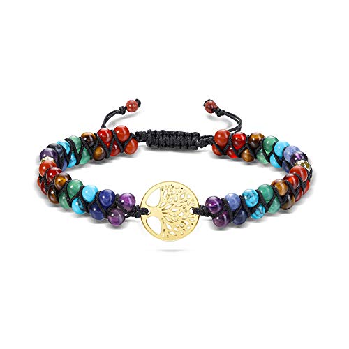 Top Plaza 7 Chakra Yoga Meditation Tree of Life Bracelet Reiki Healing Crystal Stone Anxiety Bracelets Double Layered Natural Gemstone Beads Bracelets for Women Girl