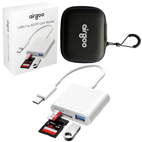 SD Card Reader for iPhone iPad, Airgoo Trail Camera 3-in-1 USB-C/Type C SD Memory Card Adapter for iPhone 15, iPad, iMac, MacBook, Galaxy, with Portable eva Storage case Bag, AG-CRD02
