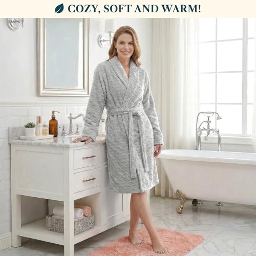 Image of PAVILIA Plush Robe for Women, Soft Fleece Short Bathrobe, Warm Lightweight Knee Length Lounge Robe with Pockets
