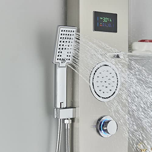 Panel de ducha LED con torre, sistema de agua de lluvia y masaje corporal, acero inoxidable con estante miniatura 7