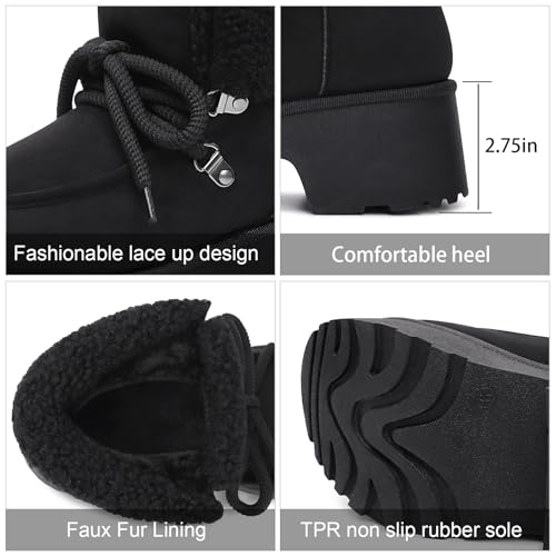 Women's Combat Ankle Boots Chunky Heels: Platform Lace Up Faux Fleece Lined Cozy Winter Snow Boot with Goth4