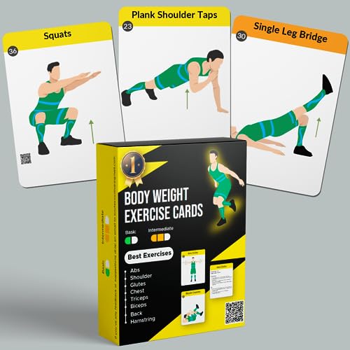 Exercise Fitness Workout Cards – Exercise Cards for Men and Women | Beginner Level | Body Weight Fitness Guide to Weight Loss and Muscle Building at Home or Gym | Includes Instruction Cards with Tips