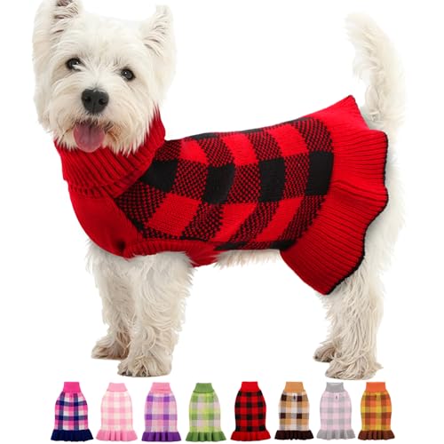 Image of Dog Sweater Dress Plaid Knitwear for Small Medium Dogs Warm Puppy Pet Turtleneck Stretch Pullover Cute Fall Winter Vest Clothes with Leash Hole for Christmas (Red, 2XL)