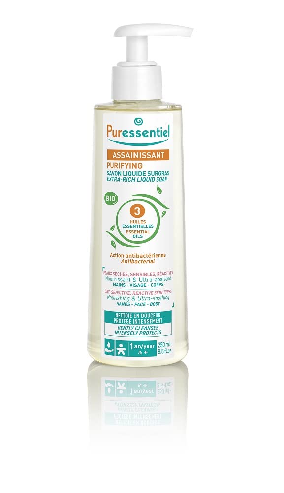 Puressentiel Purifying Extra-Rich Liquid Soap 250ml - Antibacterial - Face, Hands & Body - Suitable for dry, sensitive skin - Cleanses & Protects - Vegan - 3 organic essential oils