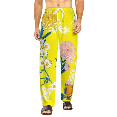 Bas de pyjama femme long oiseaux fleurs roses pantalon de nuit douceur premium S