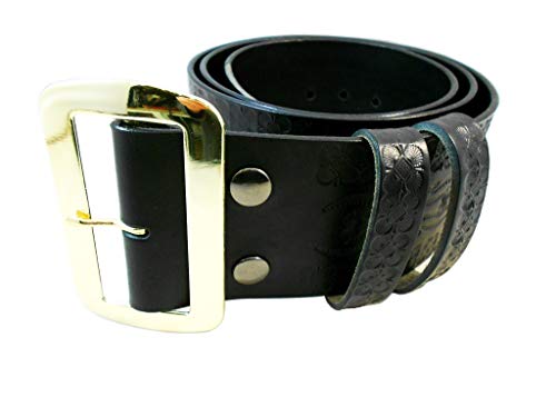 Genuine Tooled Leather Santa Claus Belt and Buckle, USA, Black, Top Grain, 3 in Wide, with 2 Keepers2