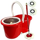 Spin Mop Bucket Set with Spin 360 Wringer and 2 Microfibre Mop Pad Head Telescopic Easy Press Handle with Spin Dry Cleaning Caddy Set-Microfibre Home Cleaning Clean Floor (Red)