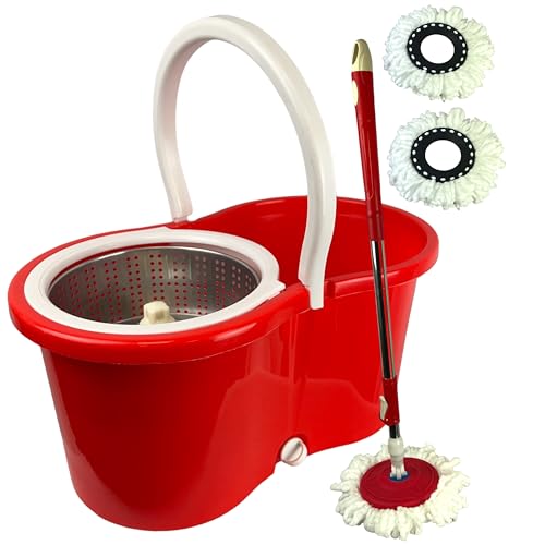 Spin Mop Bucket Set with Spin 360 Wringer and 2 Microfibre Mop Pad Head Telescopic Easy Press Handle with Spin Dry Cleaning Caddy Set-Microfibre Home Cleaning Clean Floor (Red)