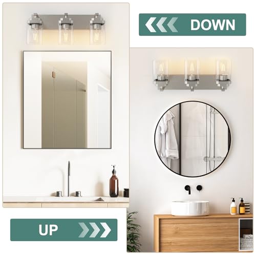 Image of Brushed Nickel Bathroom Light Fixtures, 3 Lights Bathroom Lighting Fixtures Over Mirror, Square Design & Rectangle Large Backplate, Modern Vanity Lighting Fixtures, for Living Room /Bedroom