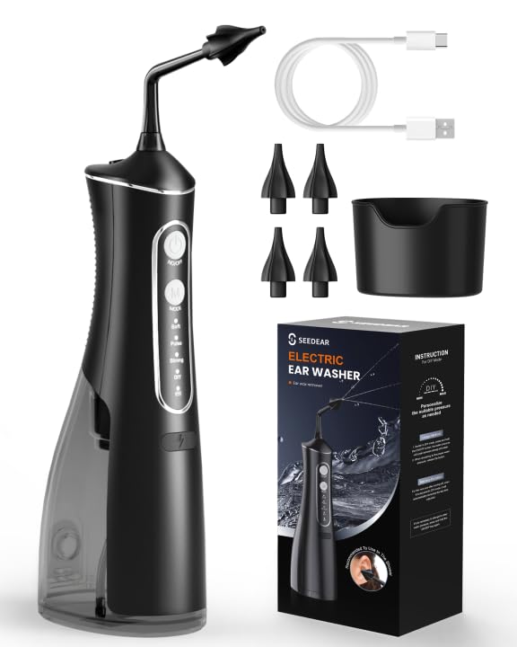SEEDEAR Elektrischer Ohrenschmalz Entferner, IPX7 Wasserdichter Ohrreiniger-Set mit 4 Modi & DIY Wasserdruck-Ohrspülung - 4 Ohrspitzen im Set, Sicher für Erwachsene & Kinder (dunkel schwarz)