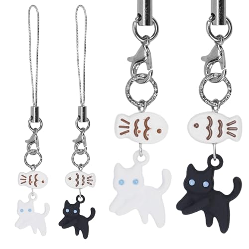 lasuroa 2uds Colgantes de Teléfono Gato Lindo, Correas Cordón Teléfono Diseño Gato y Pez Kawaii Adornos Colgantes Decorativos para Amigos Parejas Enamorados Teléfonos Bolso Cartera (Negro, Blanco)