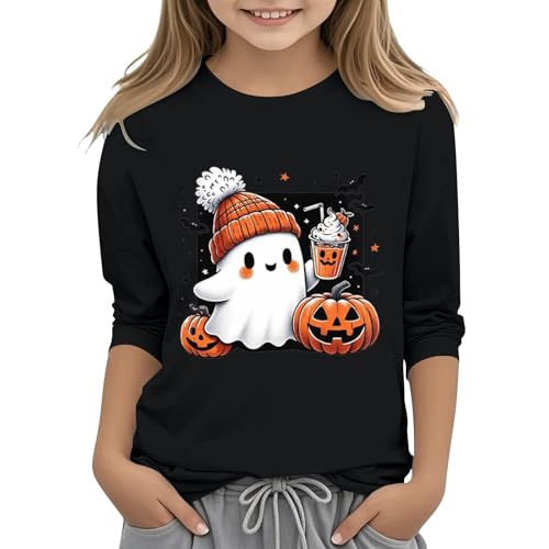 Pumpkin Halloween Shirts for Teen Girls Funny Ghost Graphic Crewneck Cotton 3/4 Sleeve Tees Kids Cute Holiday Party Clothes