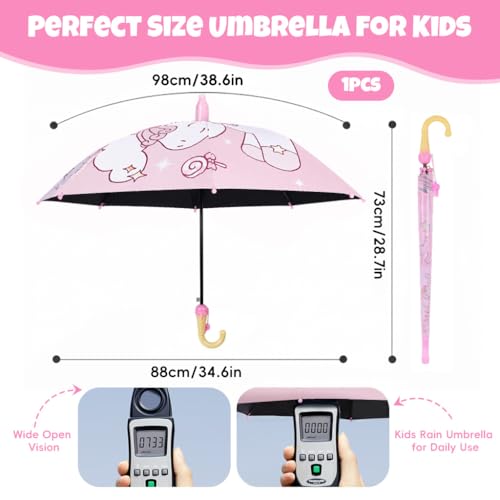 Image of PALAY Kids Unicorn Anime Girl Umbrella with Whistle Handle, 88cm Diameter Cartoon Pink Rain Umbrella for Ages 5-8 Water-Resistant Polyester Canopy, Safe Non-Slip J-Hook Handle Kids Rain Gear