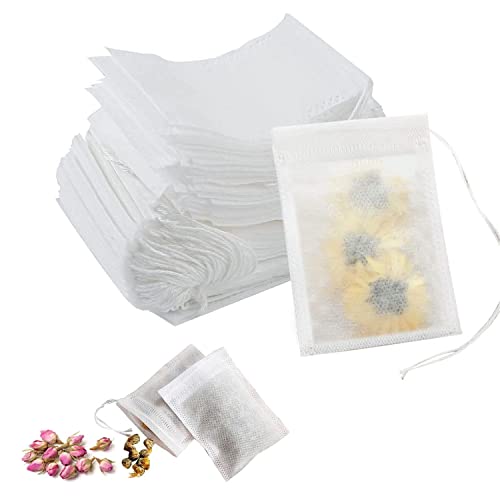 100 bolsitas de filtro de té, reutilizables, con cordón, 6 x 8 cm, de algodón con cierre de cordón para infusiones de té, café y especias.