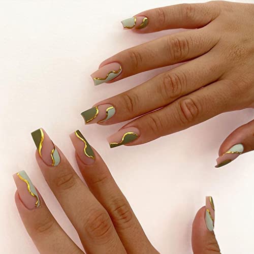 Green Press On Nails Short Medium Coffin Docvoeomh Fake Nails Set With Simple Doodles Gold