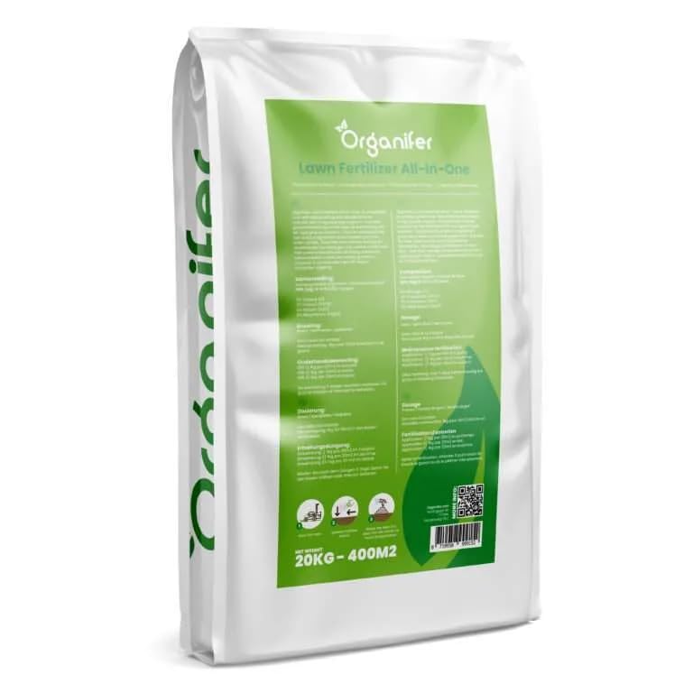 Fertilizante Para Césped Universal (20 Kg - 400 M2) - Césped Verde Oscuro Y Fuerte Sin Musgo Ni Malezas - Cuidado Del Césped - Fertilizante Para Césped - Con Cal - Mejora Del Suelo - Organifer