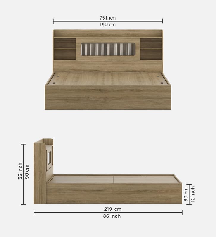 Image of Mintwud Pepperfry Engineered Wood Cavour King Size Bed with Box Storage and Open Shelves | Wooden Double Bed Cot Palang Furniture for Living Room Bedroom Home and Hotels (Santana Oak Finish)