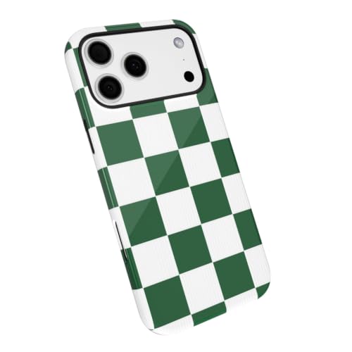 LoeoeL Checkered Phone Case for iPhone 17 Pro/ 18 Pro Case Hard Shell, Girly Cute Aesthetic Plaid Checkers Print Cover for Women, Thin Slim Checkerboard Design Glossy Shockproof, Green White