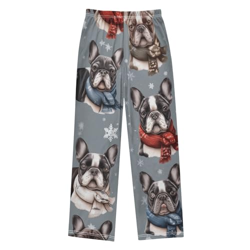 French Bulldog Snowflake Boys Long Pants Soft Trousers Elastic Waist Kids Lounge Bottoms with Pockets S-XL2
