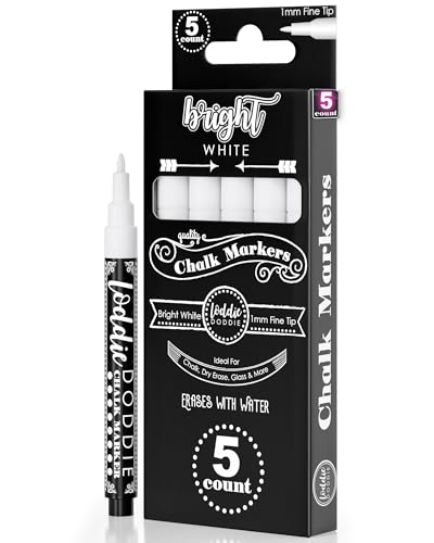 Image of Loddie Doddie Liquid Chalk Markers for Chalkboard - 5 Pack, 1 mm Point, White - Erasable & Low-Odor Non-Toxic Ink - Chalk Pen & Window Markers for Glass