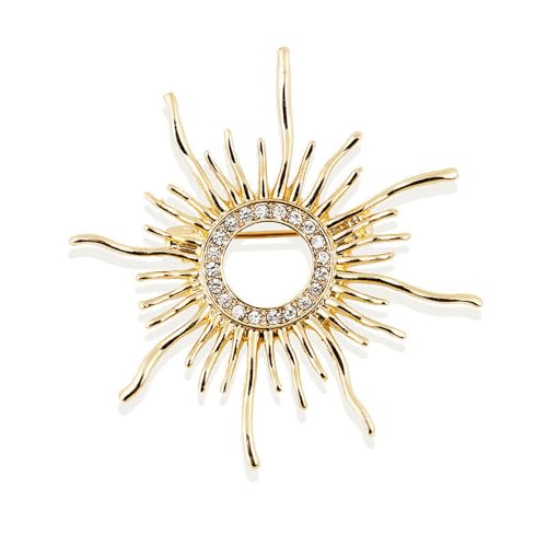 Image of Fashion Sun Brooch Pins For Women Men Gold-Tone Plated Sparkly Cz Crystal Baroque Celestial Sunshine Round Shape Lapel Badges Creative Clothes Shirt Accessories Birthday Holiday Jewelry Gift Best Friend