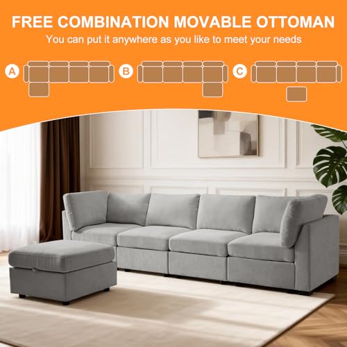 Image of TEKAMON 122 inch L Shaped Modern Sofa Modular Sectional Couch with Ottoman, 5-Seat Chenille Deep Seat Sofa for Living Room, Bedroom and Apartment, Light Grey